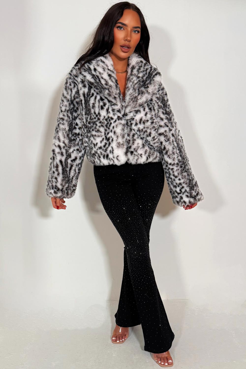 Shorts Faux Fur Jacket in White Leopard Print | Xtralitty