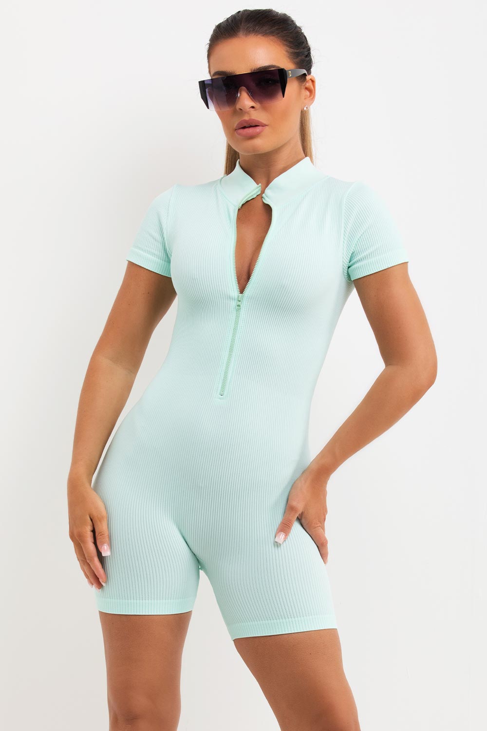 Unitard with Zip Front Shorts Sleeves Mint Green | Xtralitty