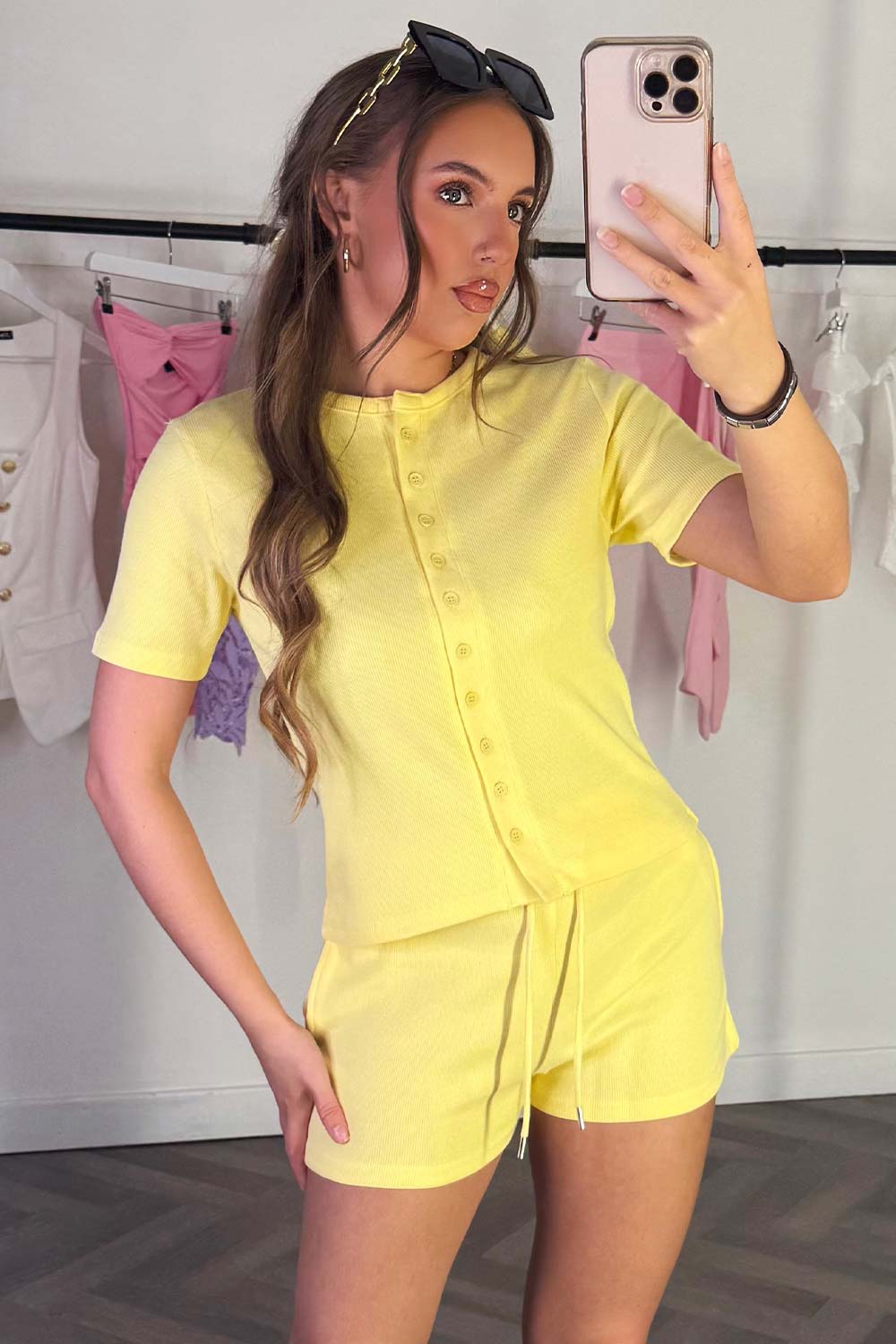 Rib Button Up Top and Shorts Tracksuit Set Yello | Xtralitty