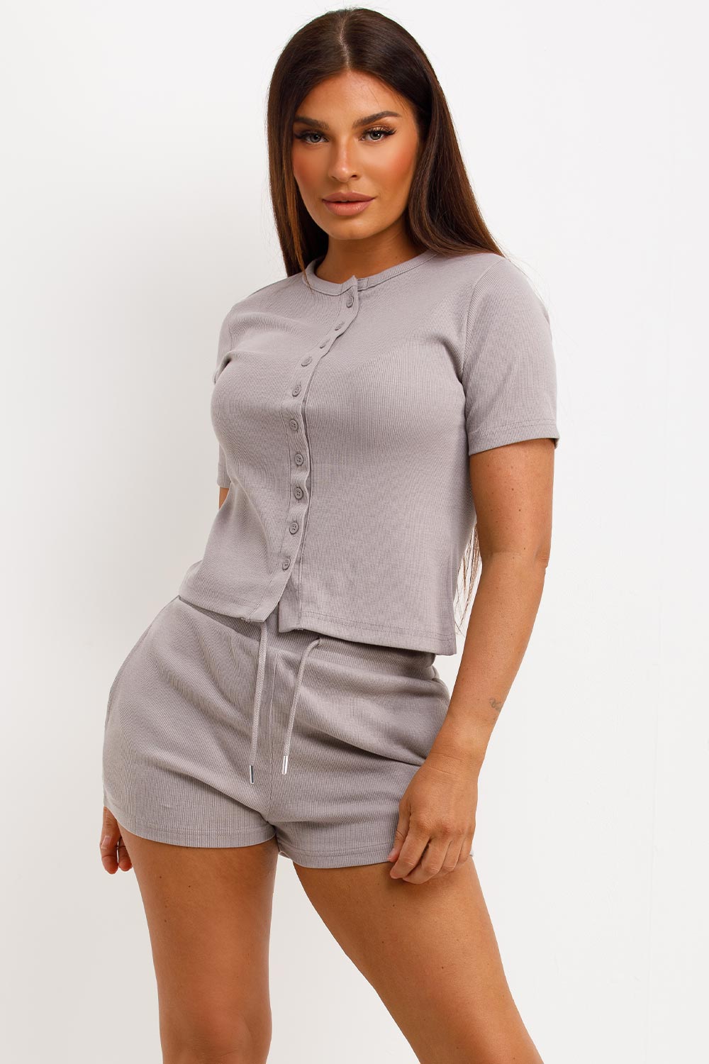 Rib Button Up Top and Shorts Tracksuit Set Dove | Xtralitty