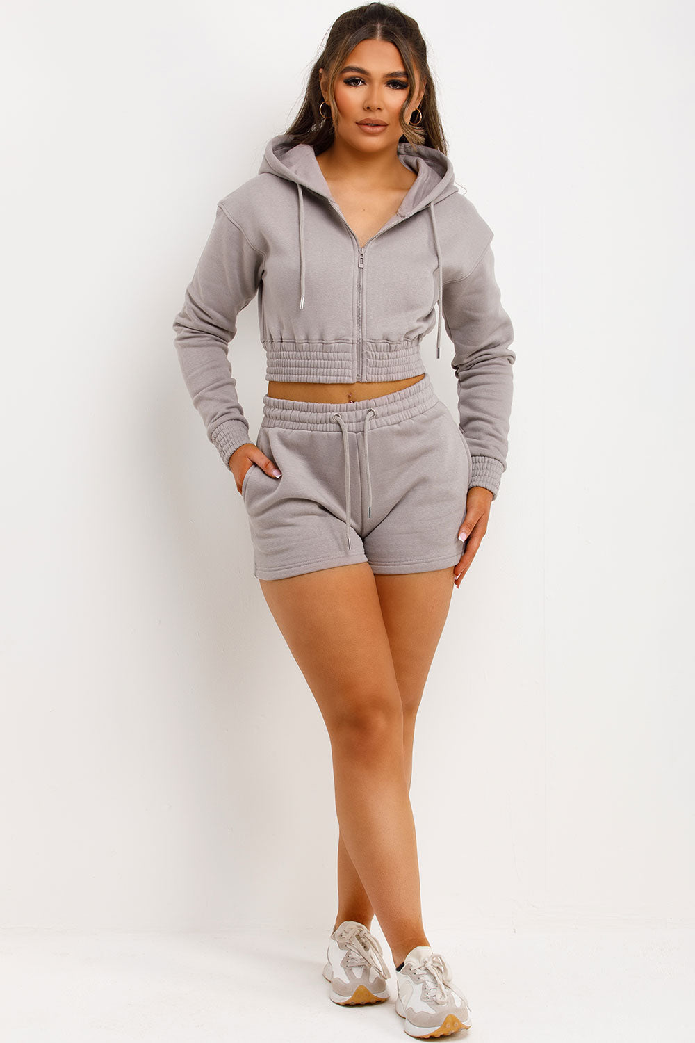 Crop Zip Hoodie and Shorts Tracksuit Set Dove Gr | Xtralitty