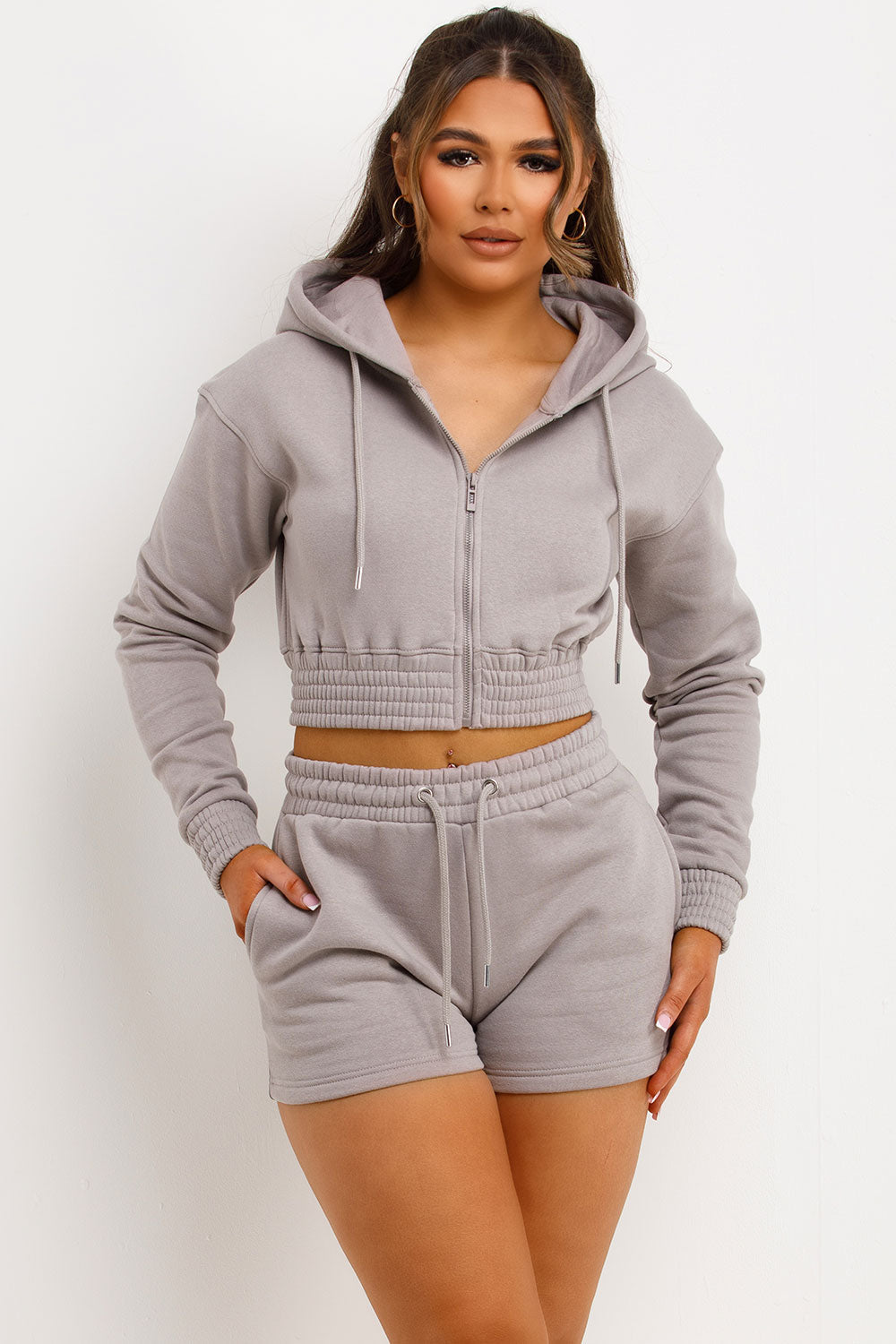 Crop Zip Hoodie and Shorts Tracksuit Set Dove Gr | Xtralitty