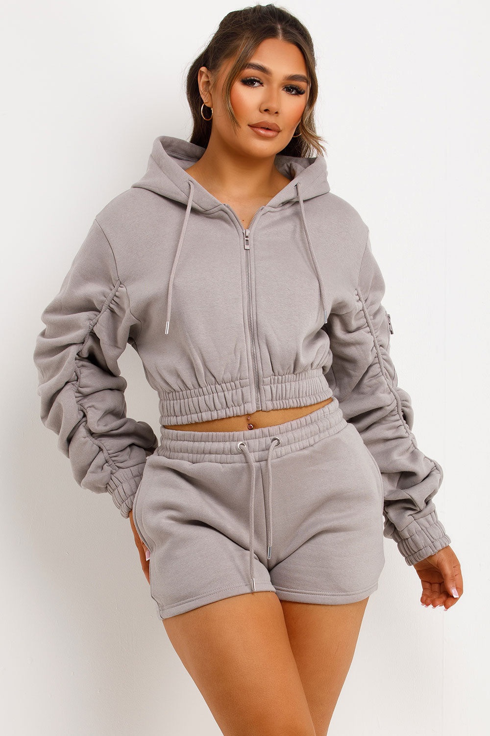 Ruched Crop Zip Hoodie and Shorts Tracksuit Set | Xtralitty