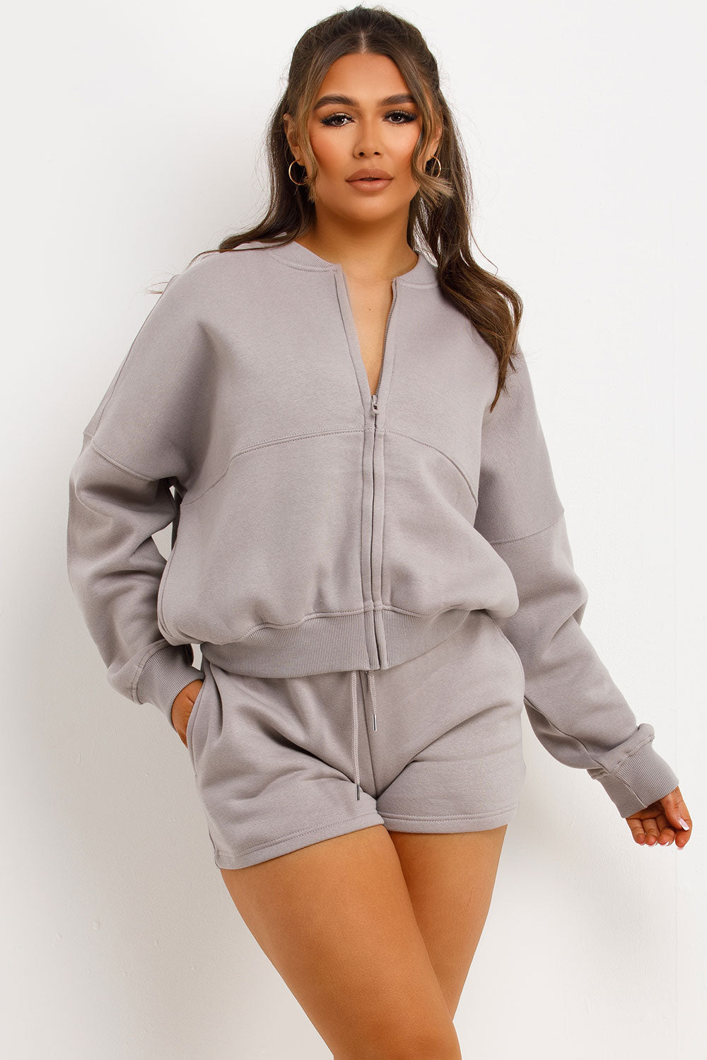 Bomber Jacket and Shorts Tracksuit Set Dove Grey | Xtralitty