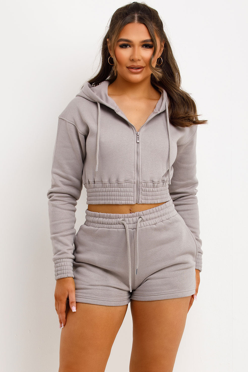 Crop Zip Hoodie and Shorts Tracksuit Set Dove Gr | Xtralitty