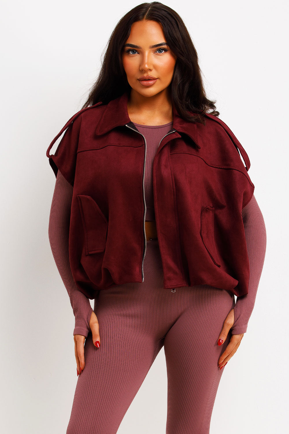 Faux Suede Crop Gilet with Tabs Burgundy | Xtralitty