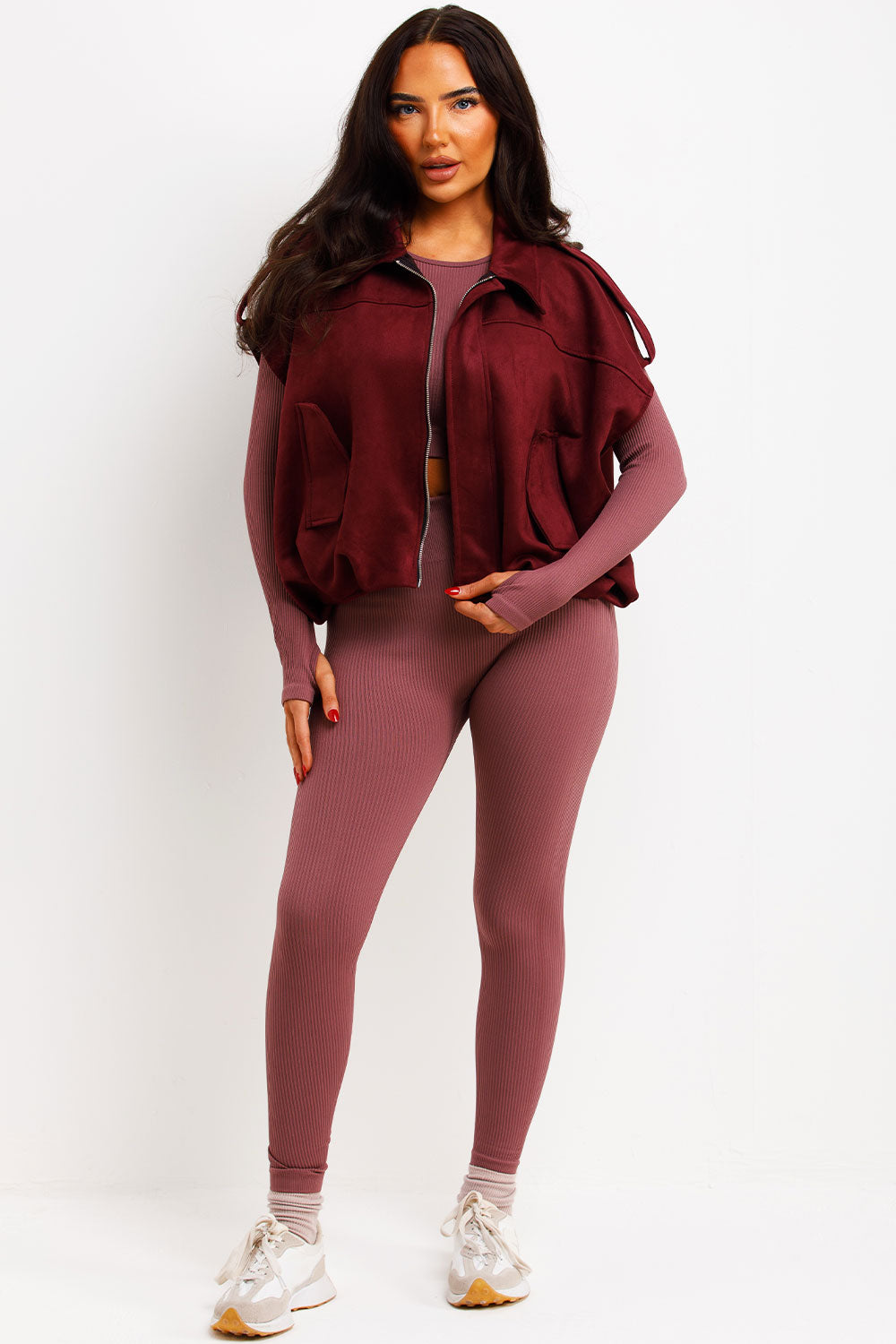 Faux Suede Crop Gilet with Tabs Burgundy | Xtralitty