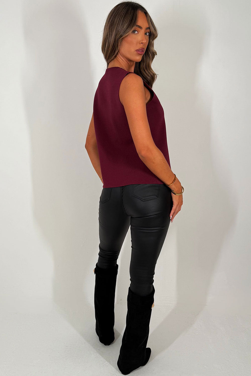 Burgundy Knitted Cardigan Sleeveless Jumper with | Xtralitty