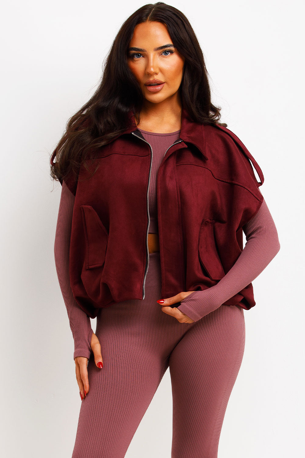 Faux Suede Crop Gilet with Tabs Burgundy | Xtralitty