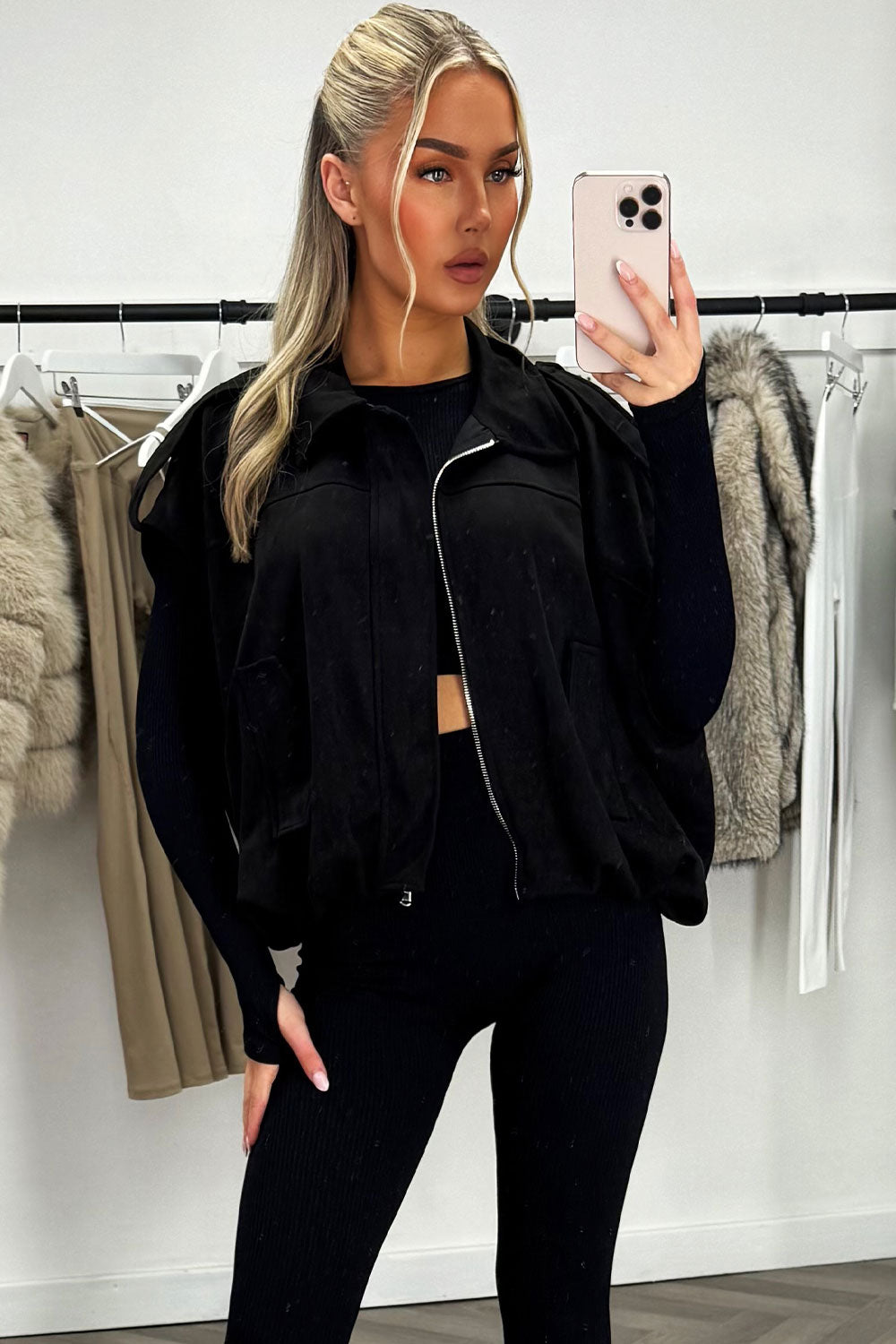 Black Faux Suede Crop Gilet with Tabs | Xtralitty