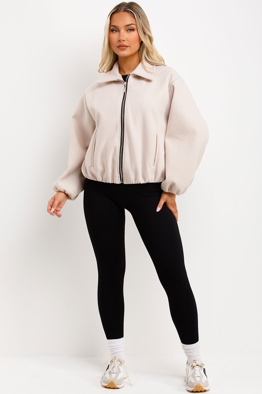 Puffed Bomber Jacket with Zip Beige | Xtralitty