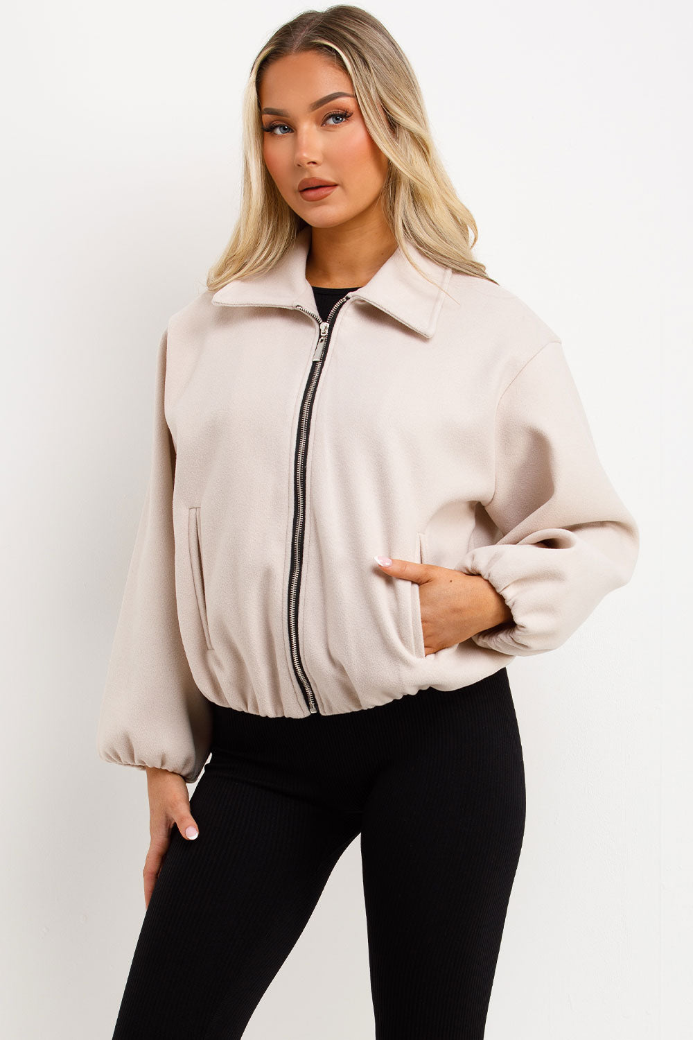 Puffed Bomber Jacket with Zip Beige | Xtralitty