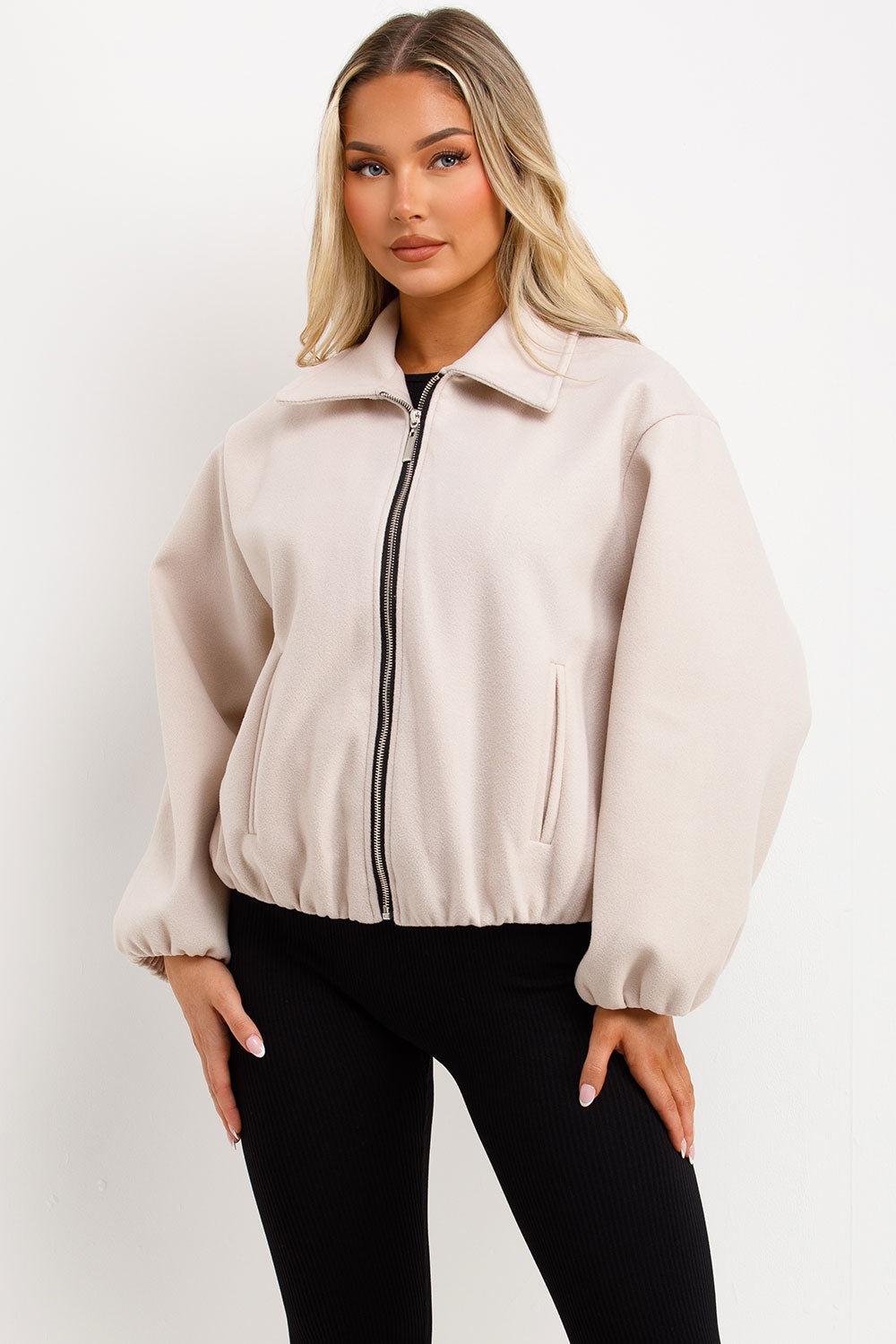 Puffed Bomber Jacket with Zip Beige | Xtralitty