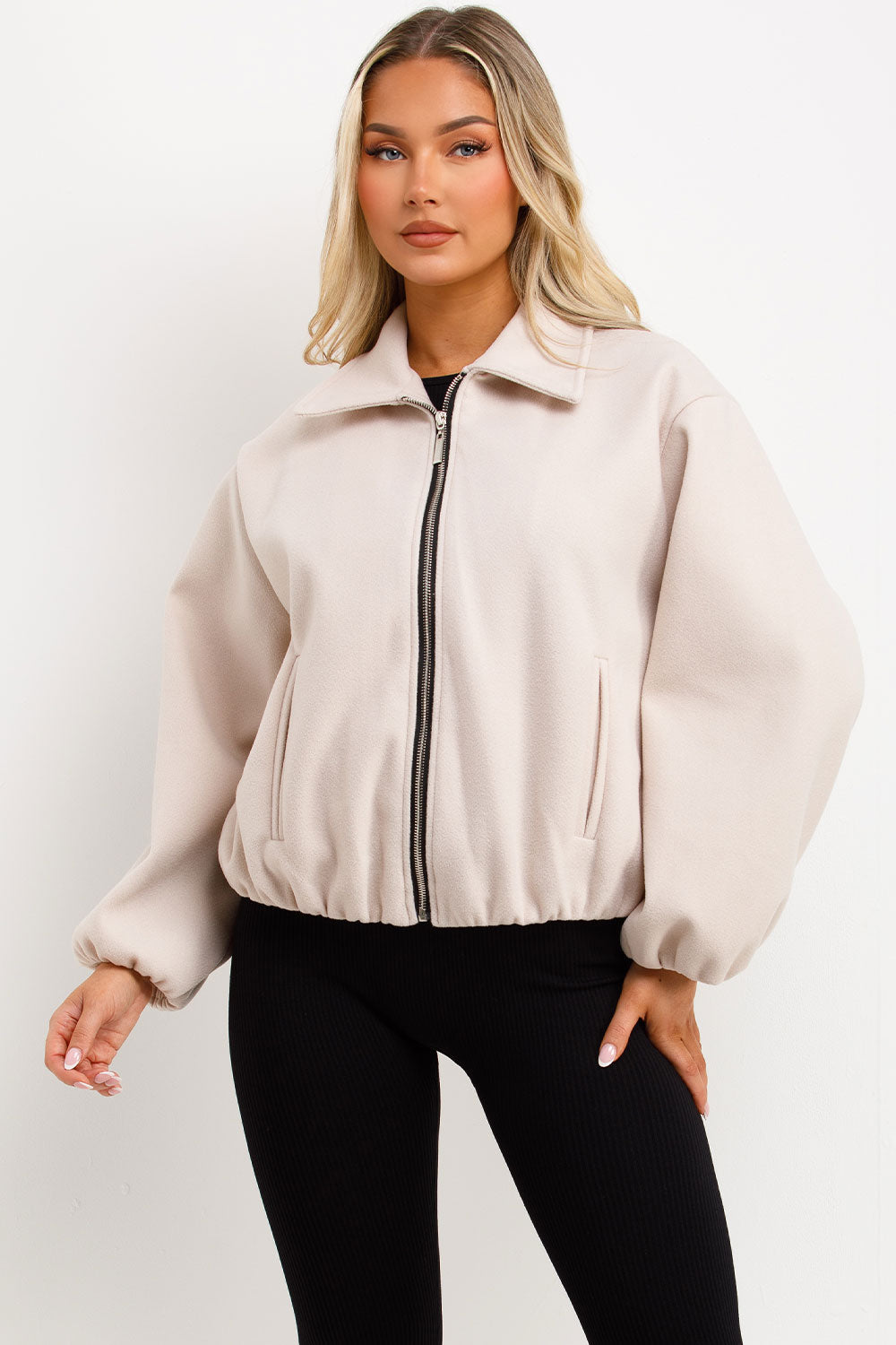 Puffed Bomber Jacket with Zip Beige | Xtralitty