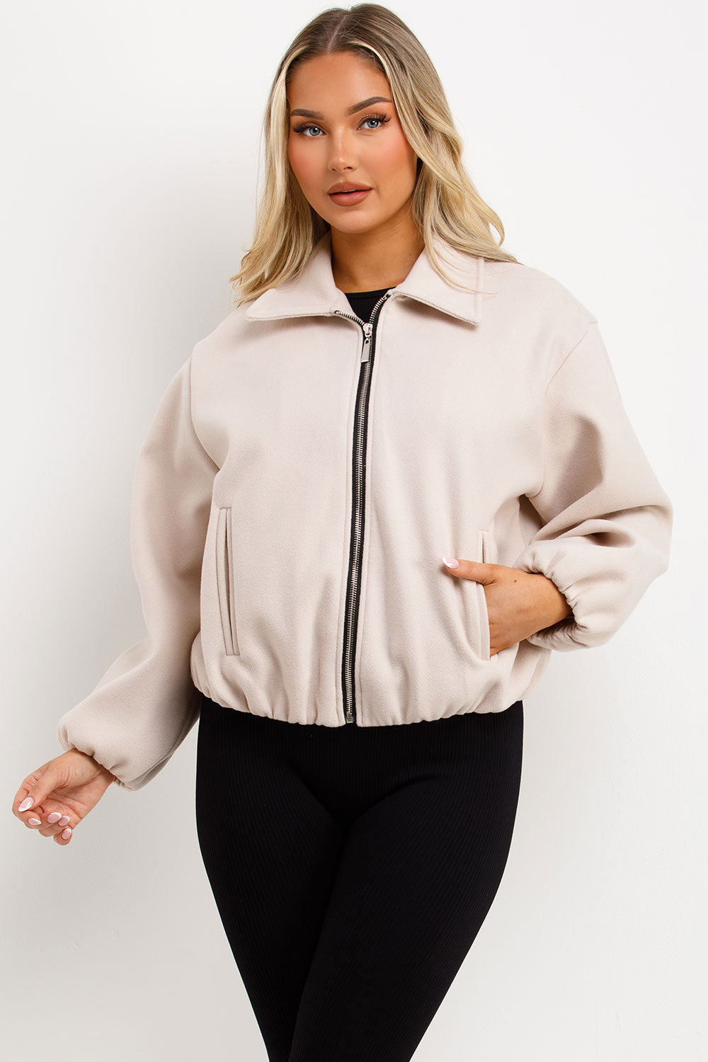 Puffed Bomber Jacket with Zip Beige | Xtralitty