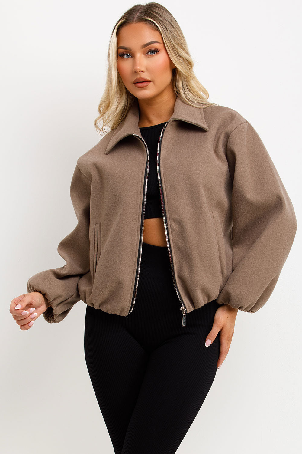 Puffed Bomber Jacket with Zip Taupe | Xtralitty