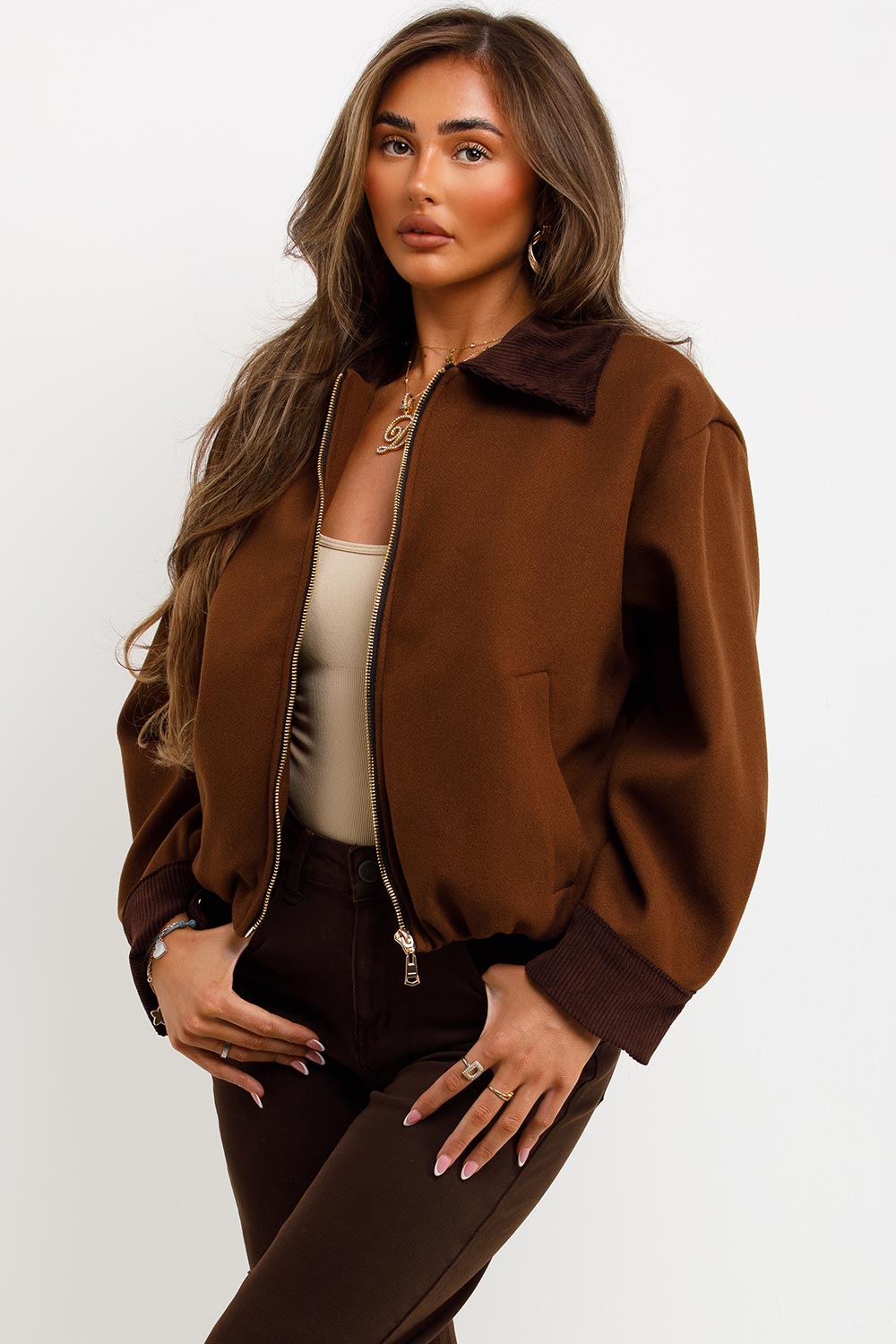 Shorts Bomber Jacket with Collar Brown | Xtralitty
