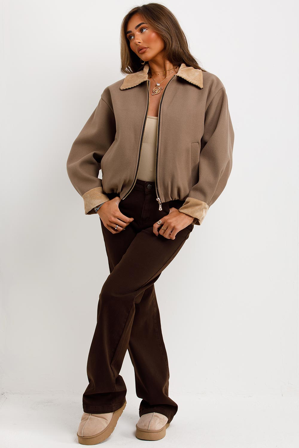 Shorts Bomber Jacket with Collar Taupe | Xtralitty