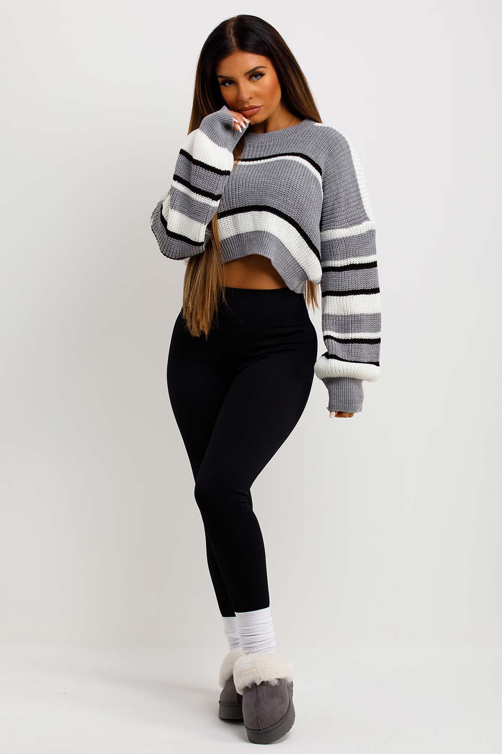 Crop Knitted Jumper with Stripes Grey | Xtralitty