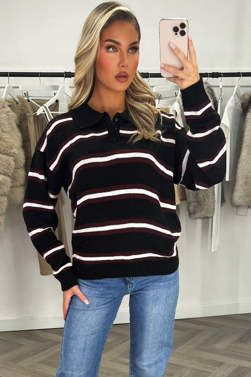 Stripe Knitted Rugby Polo Jumper Black Top | Xtralitty