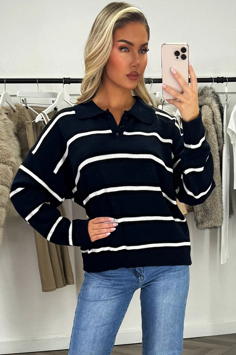 Stripe Knitted Rugby Polo Jumper Navy Top | Xtralitty
