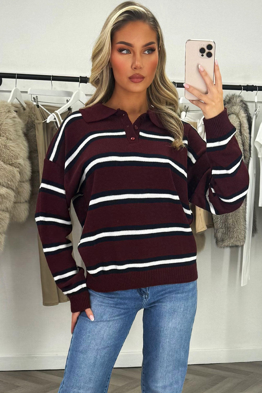 Stripe Knitted Rugby Polo Jumper Burgundy Top | Xtralitty