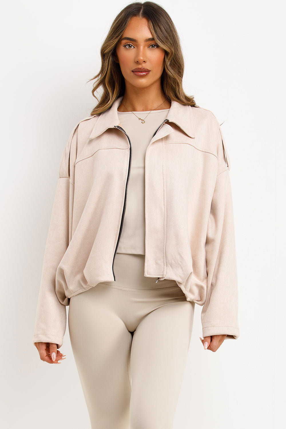 Faux Suede Bomber Jacket with Tabs Beige | Xtralitty