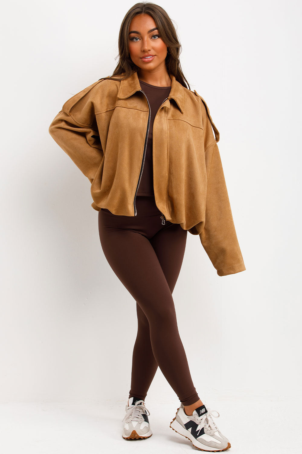 Faux Suede Bomber Jacket with Tabs Taupe | Xtralitty