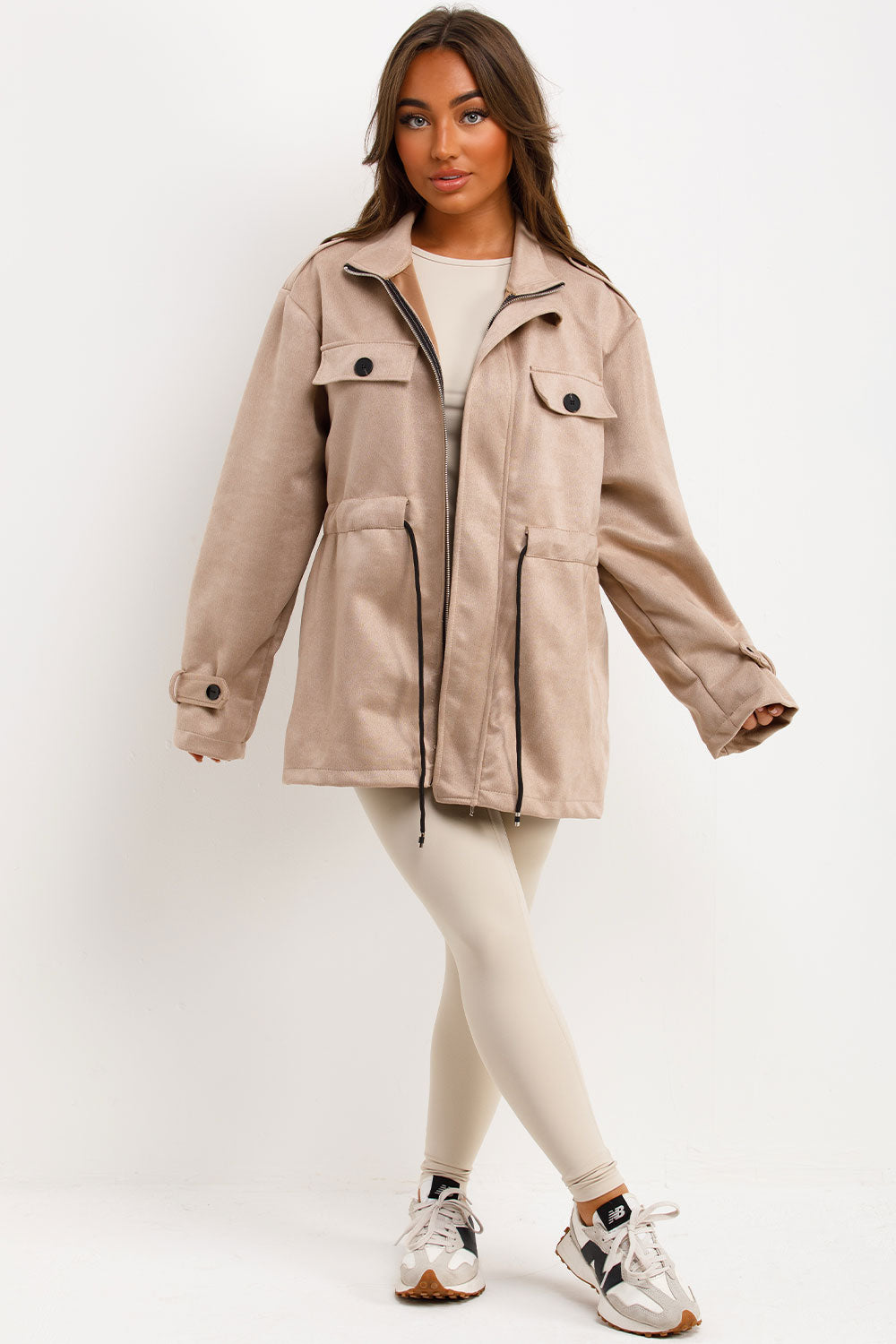 Faux Suede Jacket with Drawstring Waist Beige | Xtralitty