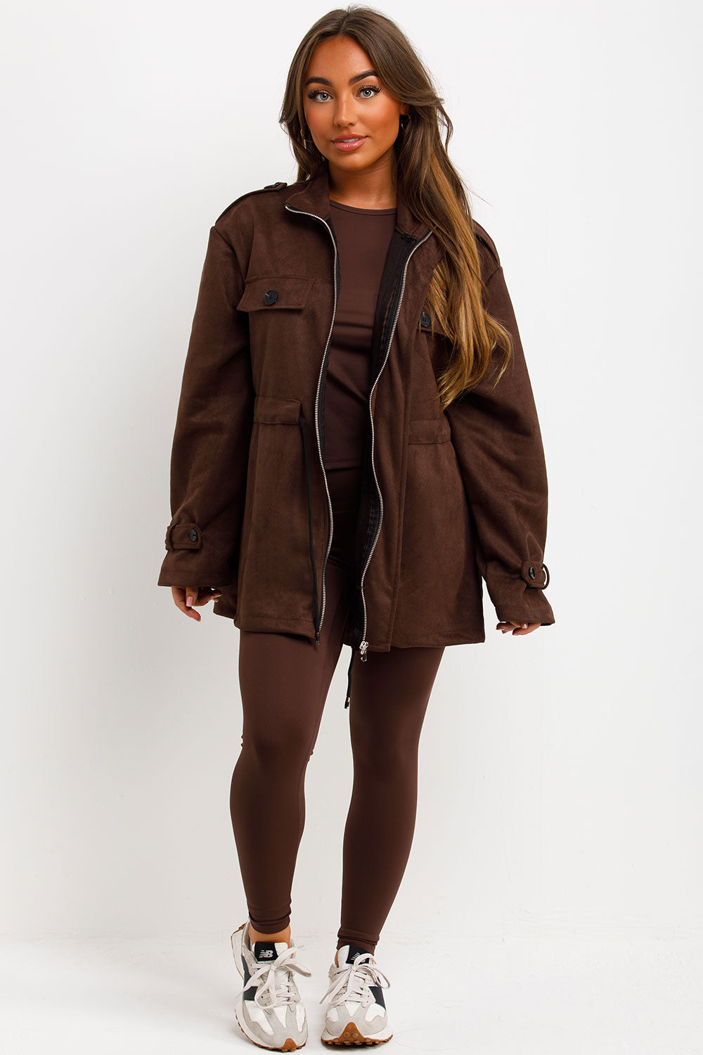 Faux Suede Jacket with Drawstring Waist Brown | Xtralitty