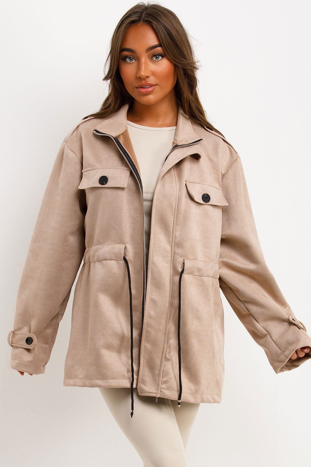 Faux Suede Jacket with Drawstring Waist Beige | Xtralitty