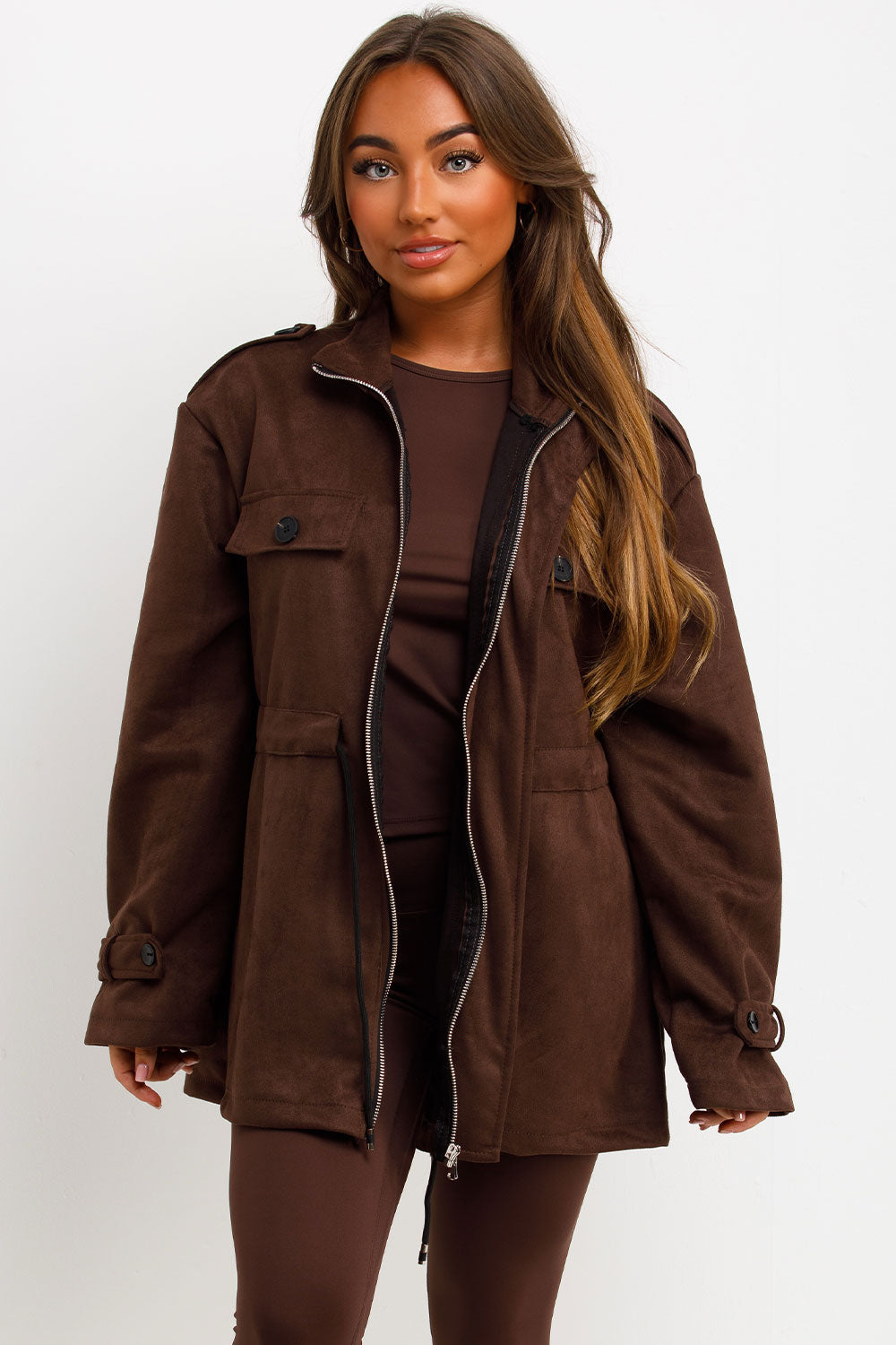 Faux Suede Jacket with Drawstring Waist Brown | Xtralitty