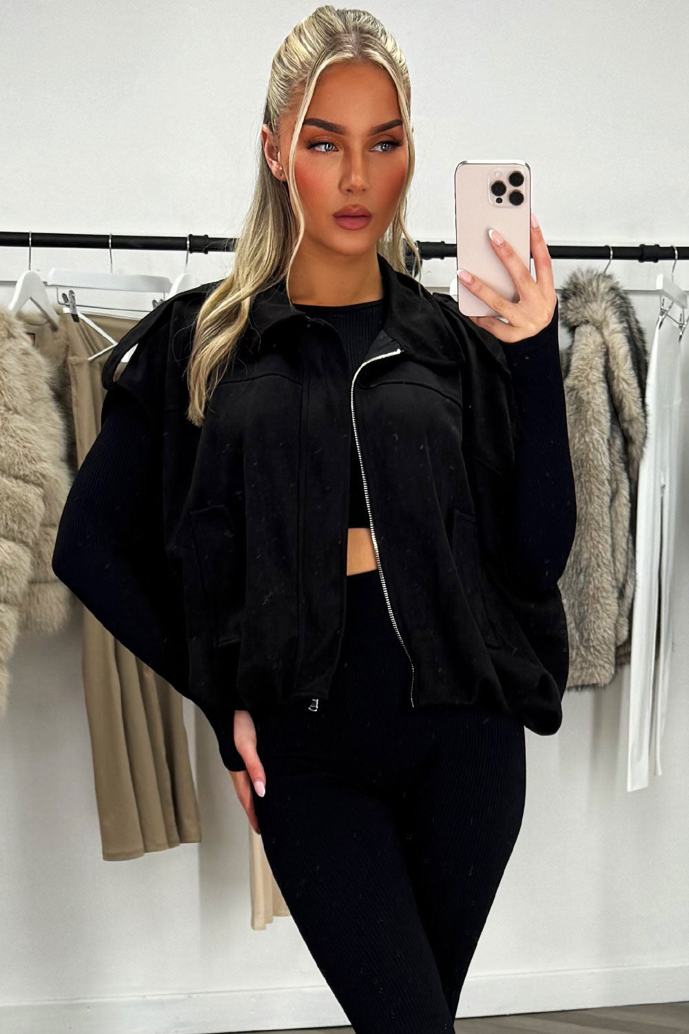 Black Faux Suede Crop Gilet with Tabs | Xtralitty