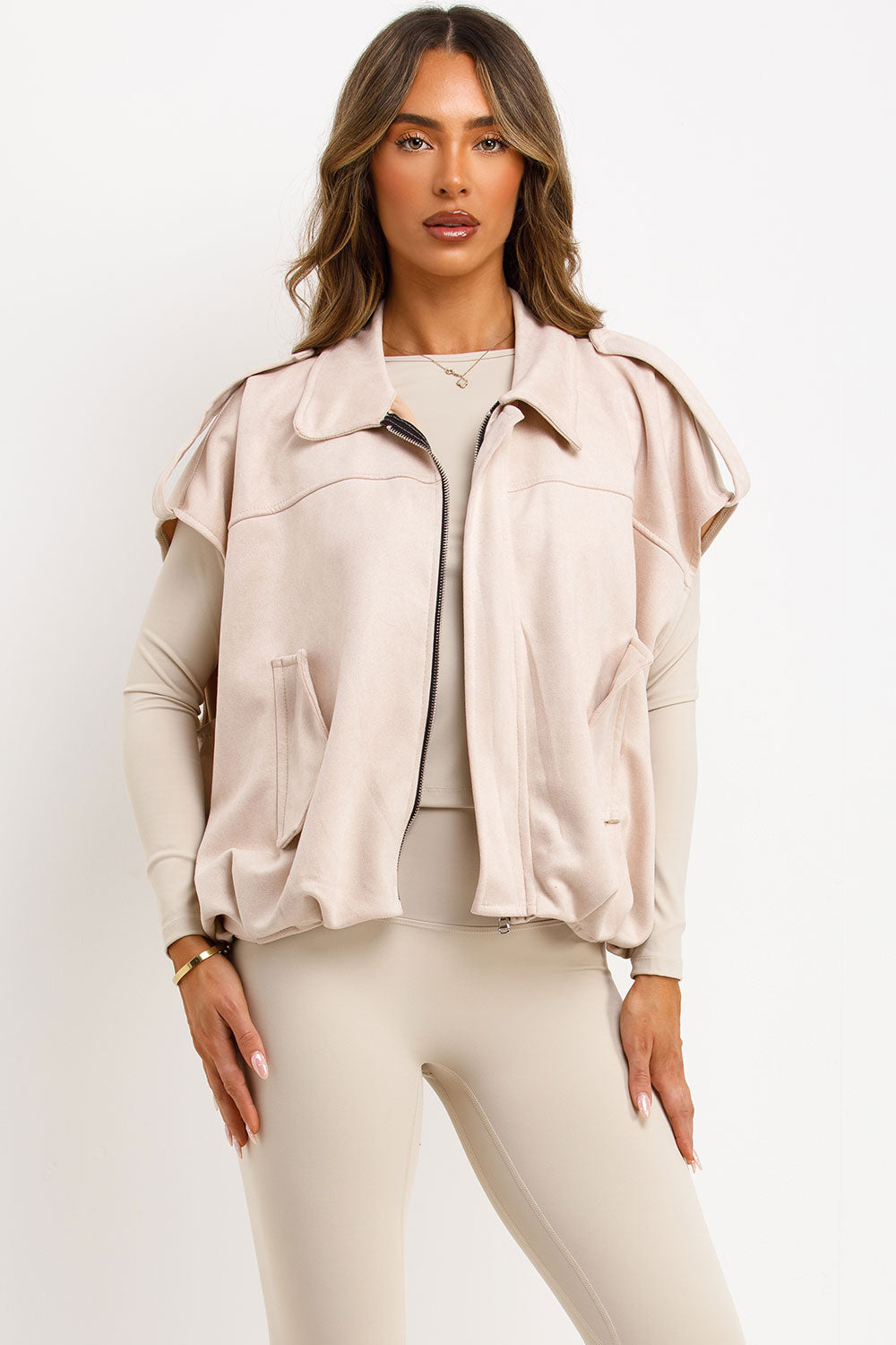 Faux Suede Crop Gilet with Tabs Beige | Xtralitty