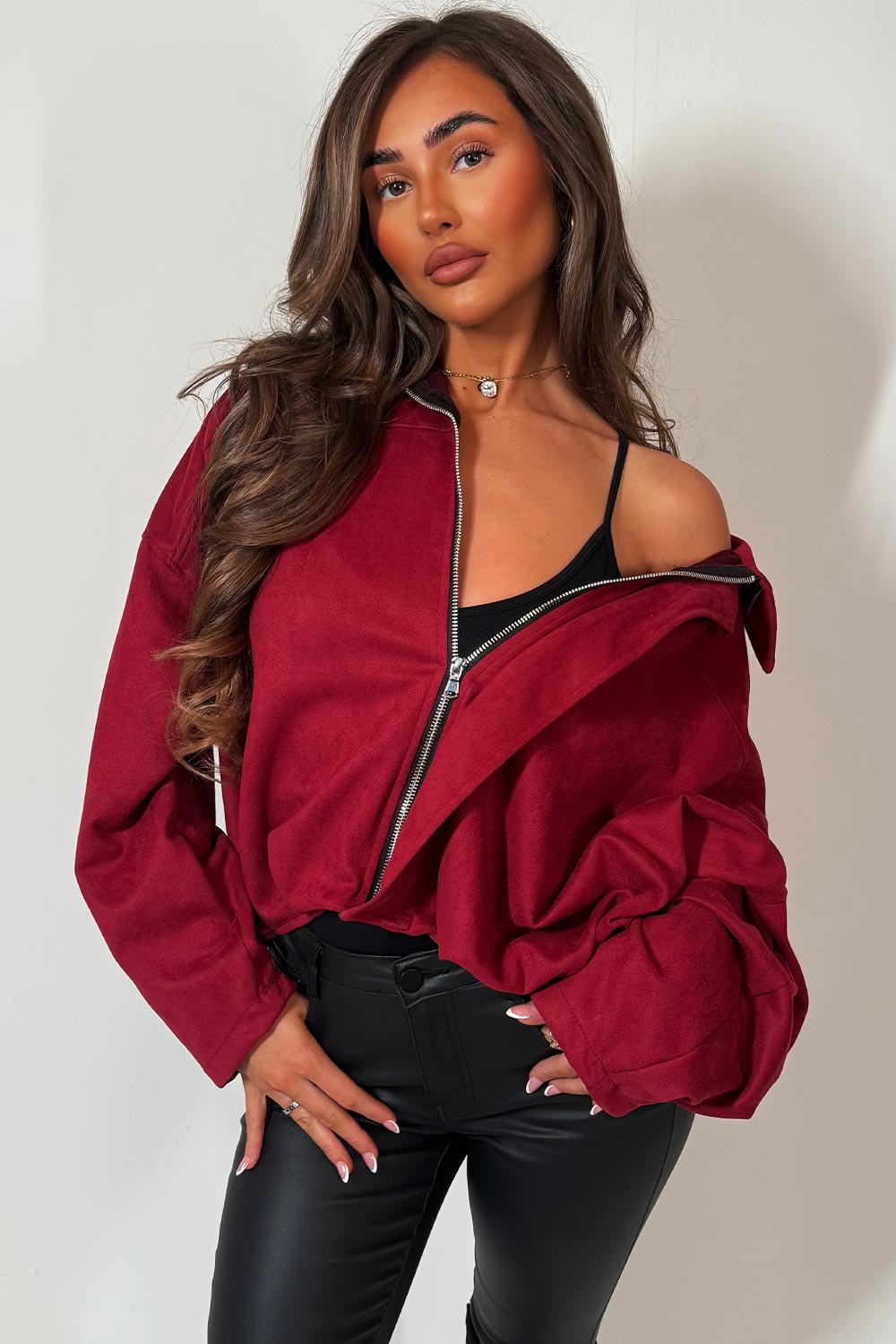 Faux Suede Bomber Jacket with Tabs Burgundy | Xtralitty