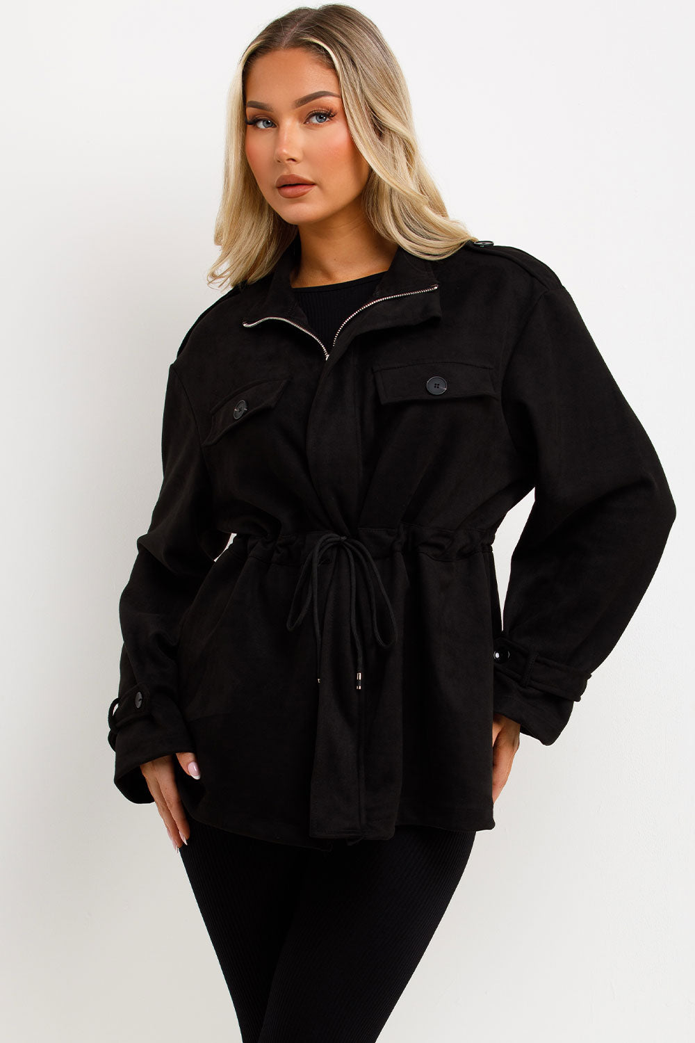 Faux Suede Jacket with Drawstring Waist Black | Xtralitty