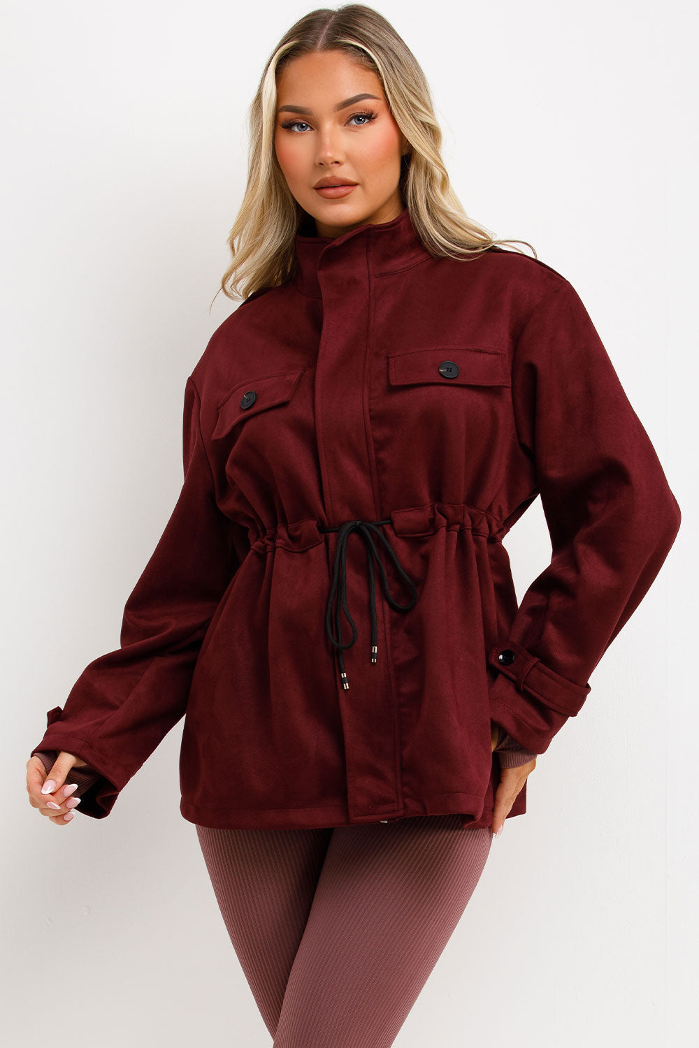 Faux Suede Jacket with Drawstring Waist Burgundy | Xtralitty