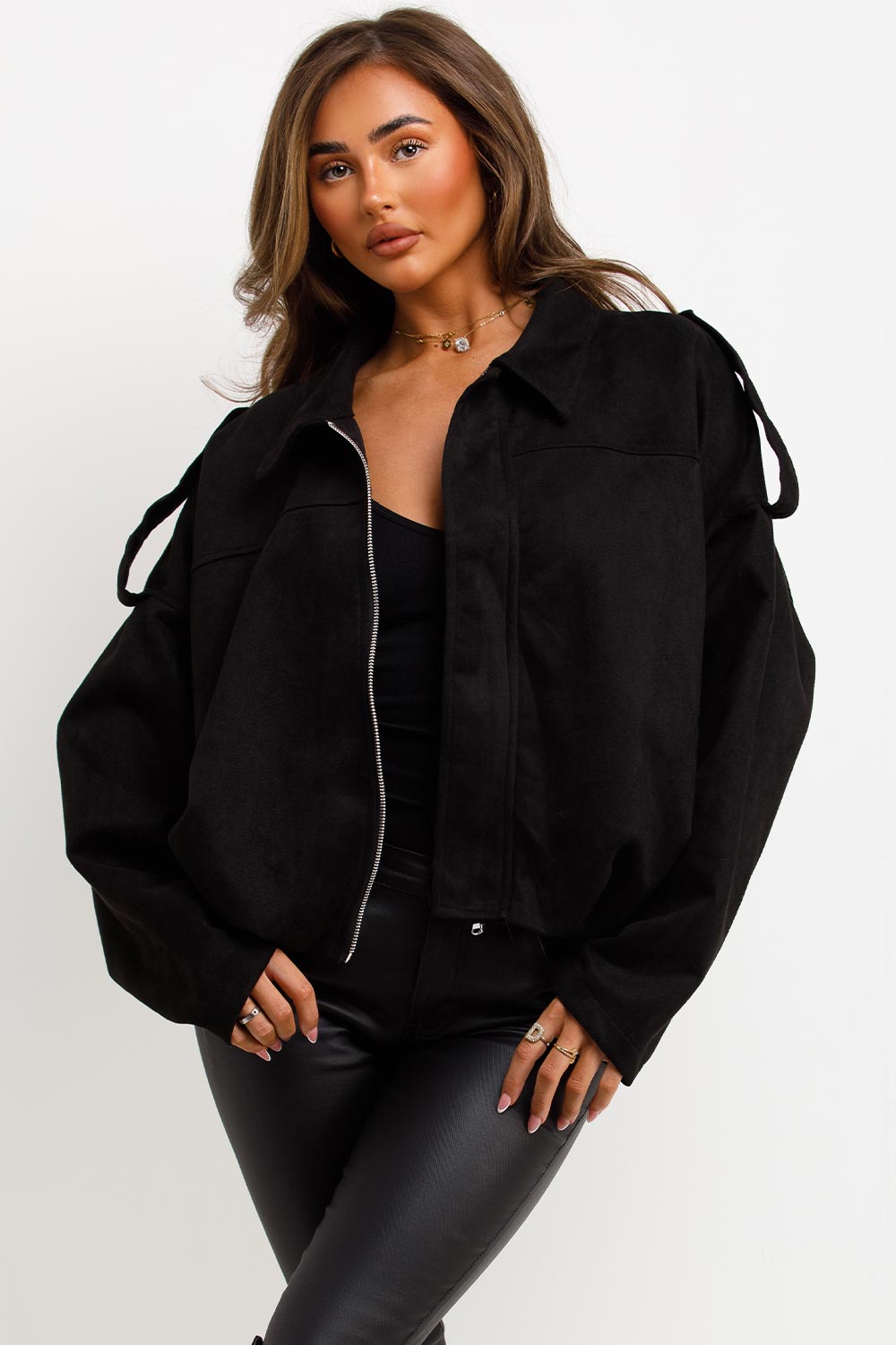 Faux Suede Bomber Jacket with Tabs Black | Xtralitty