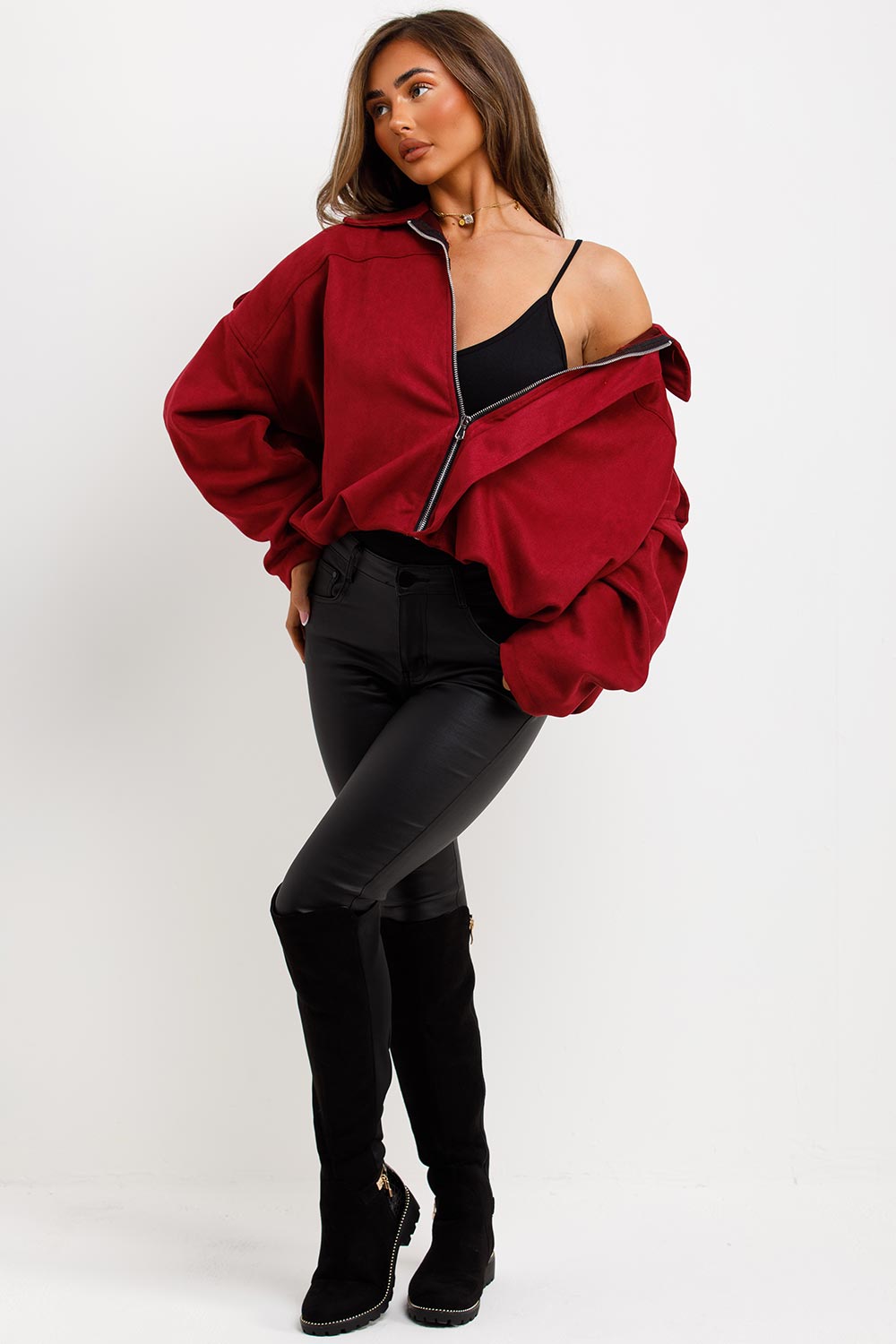 Faux Suede Bomber Jacket with Tabs Burgundy | Xtralitty