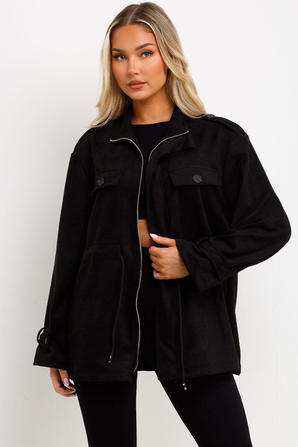 Faux Suede Jacket with Drawstring Waist Black | Xtralitty