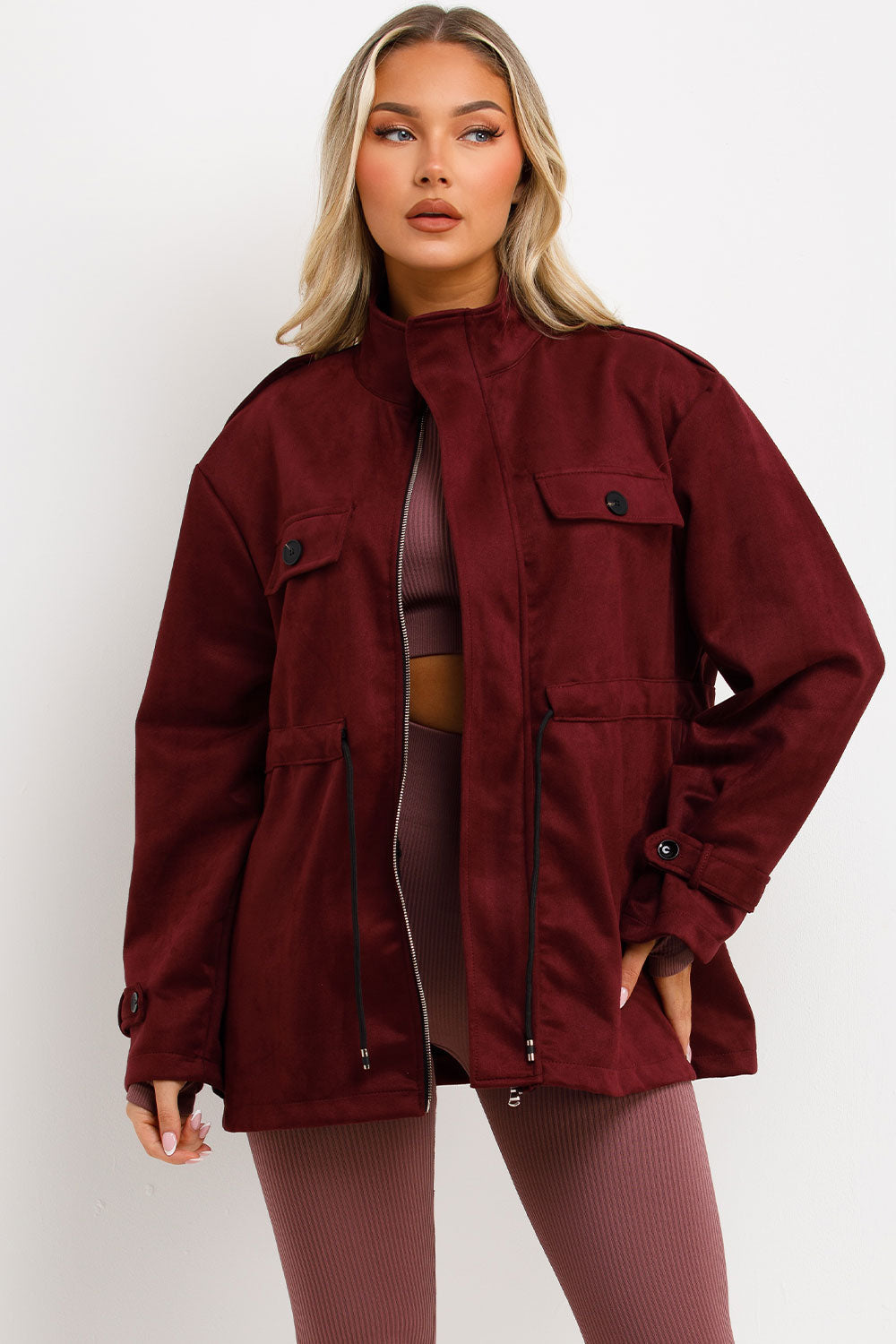 Faux Suede Jacket with Drawstring Waist Burgundy | Xtralitty
