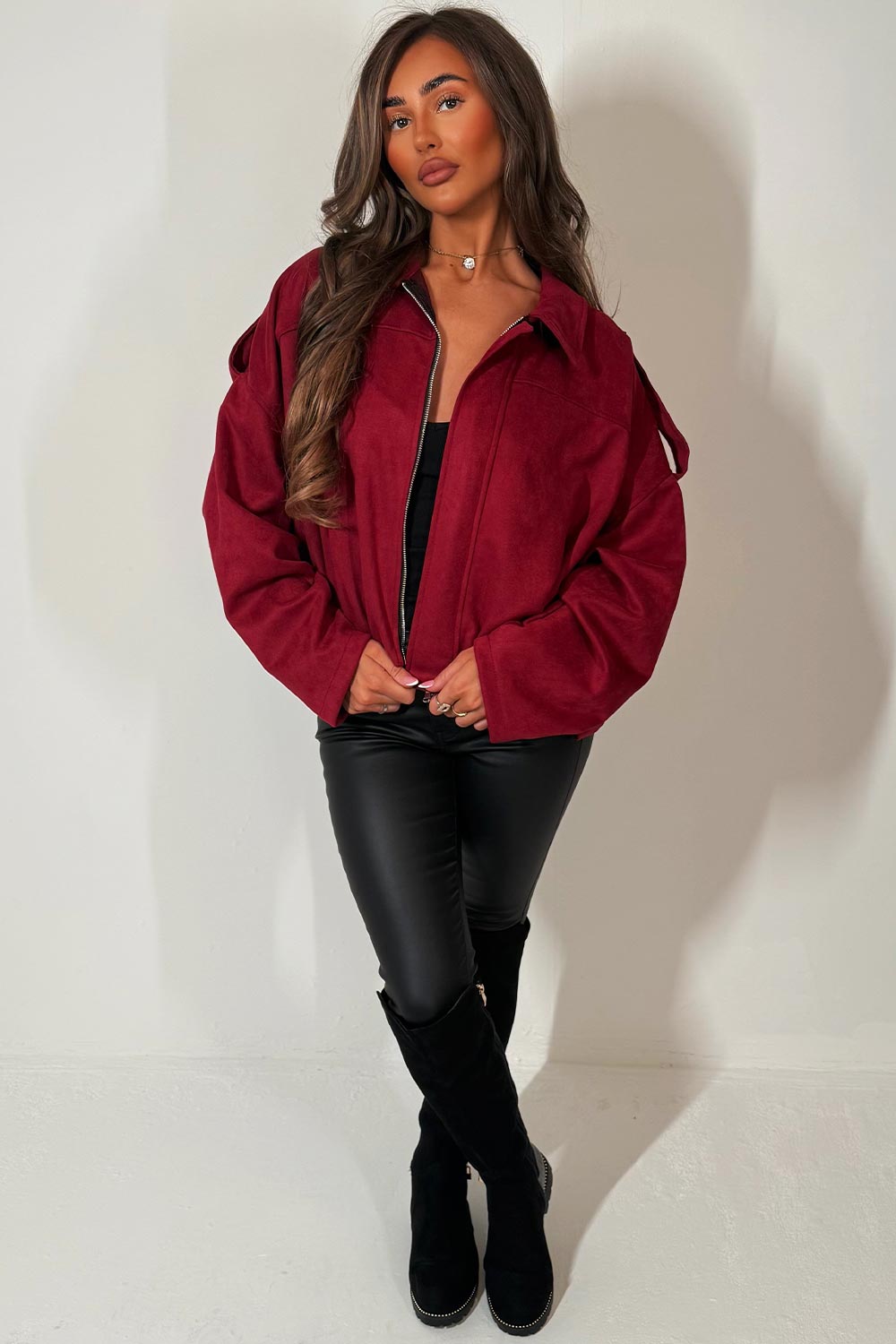 Faux Suede Bomber Jacket with Tabs Burgundy | Xtralitty