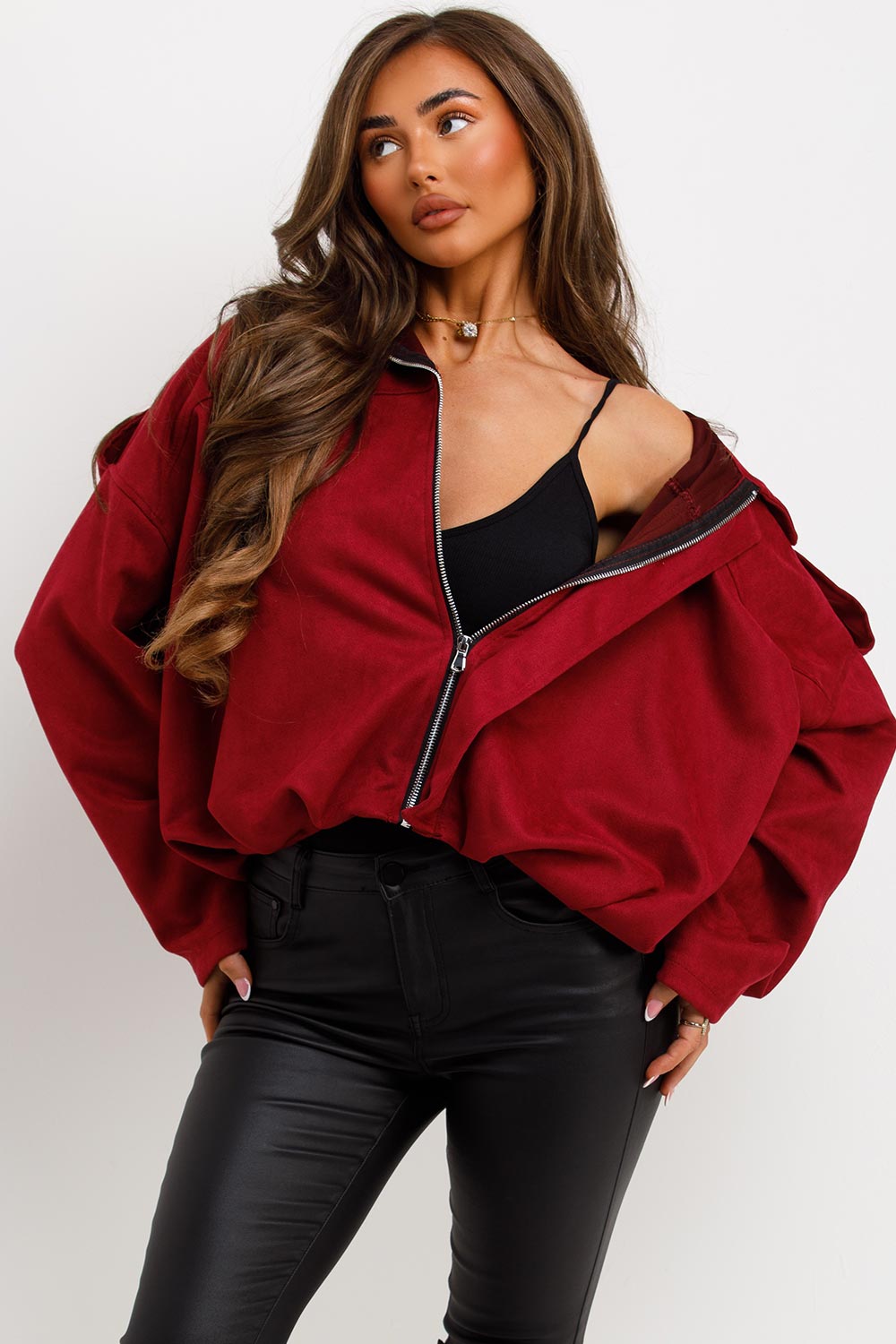 Faux Suede Bomber Jacket with Tabs Burgundy | Xtralitty