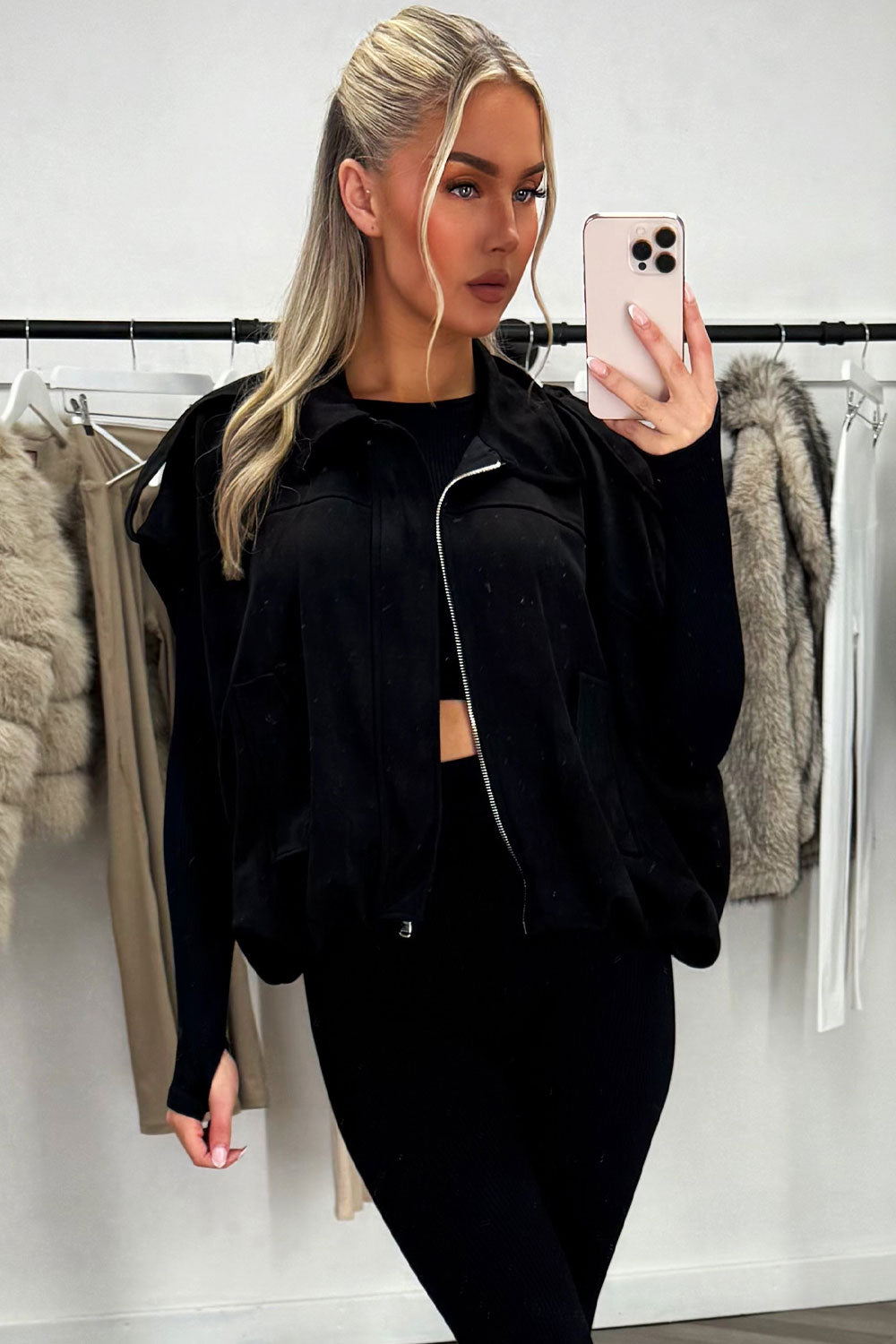 Black Faux Suede Crop Gilet with Tabs | Xtralitty