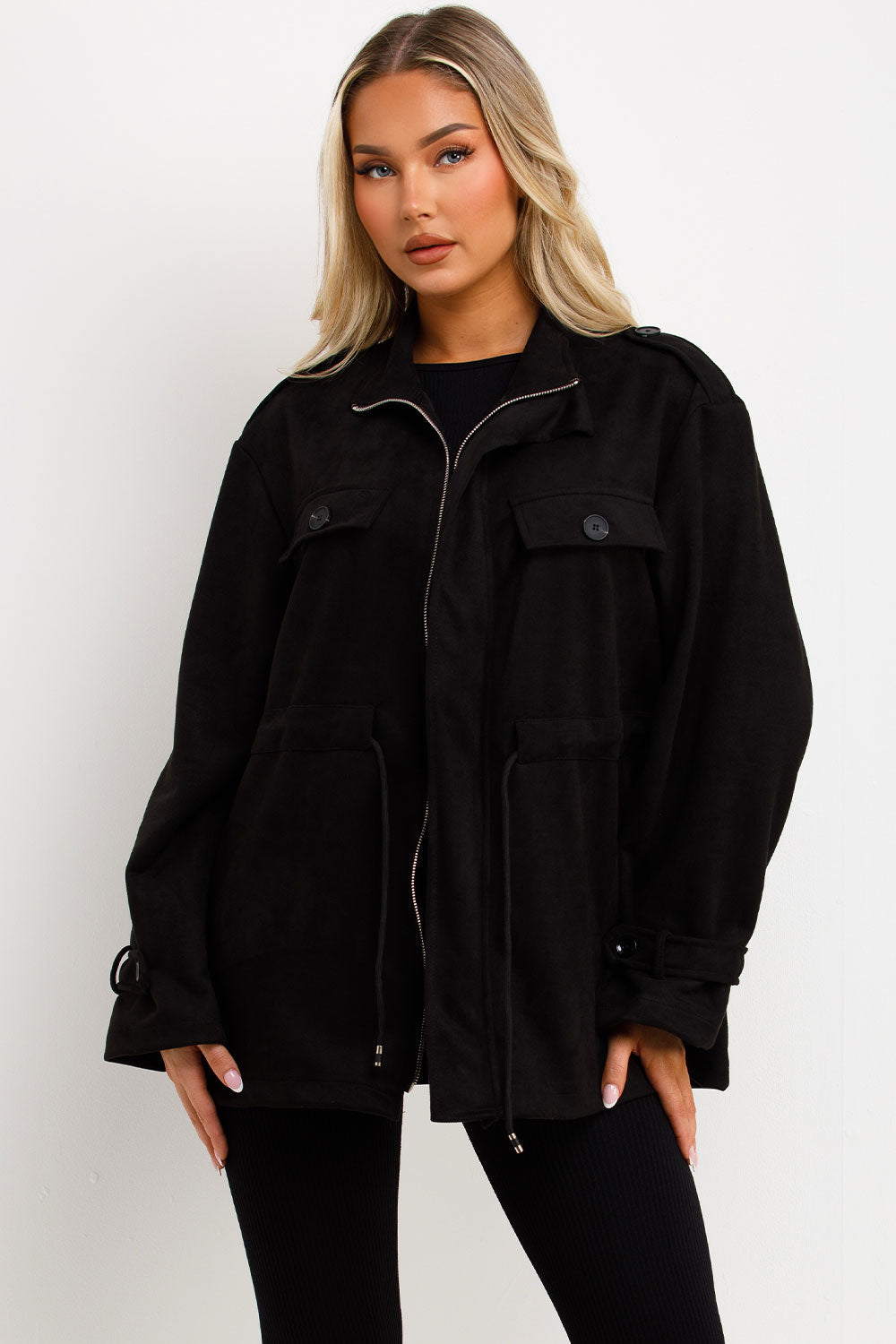 Faux Suede Jacket with Drawstring Waist Black | Xtralitty