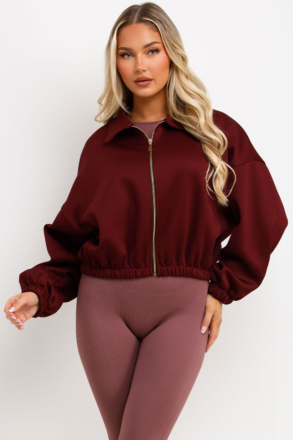 Puffed Bomber Jacket with Collar and Zip Burgund | Xtralitty