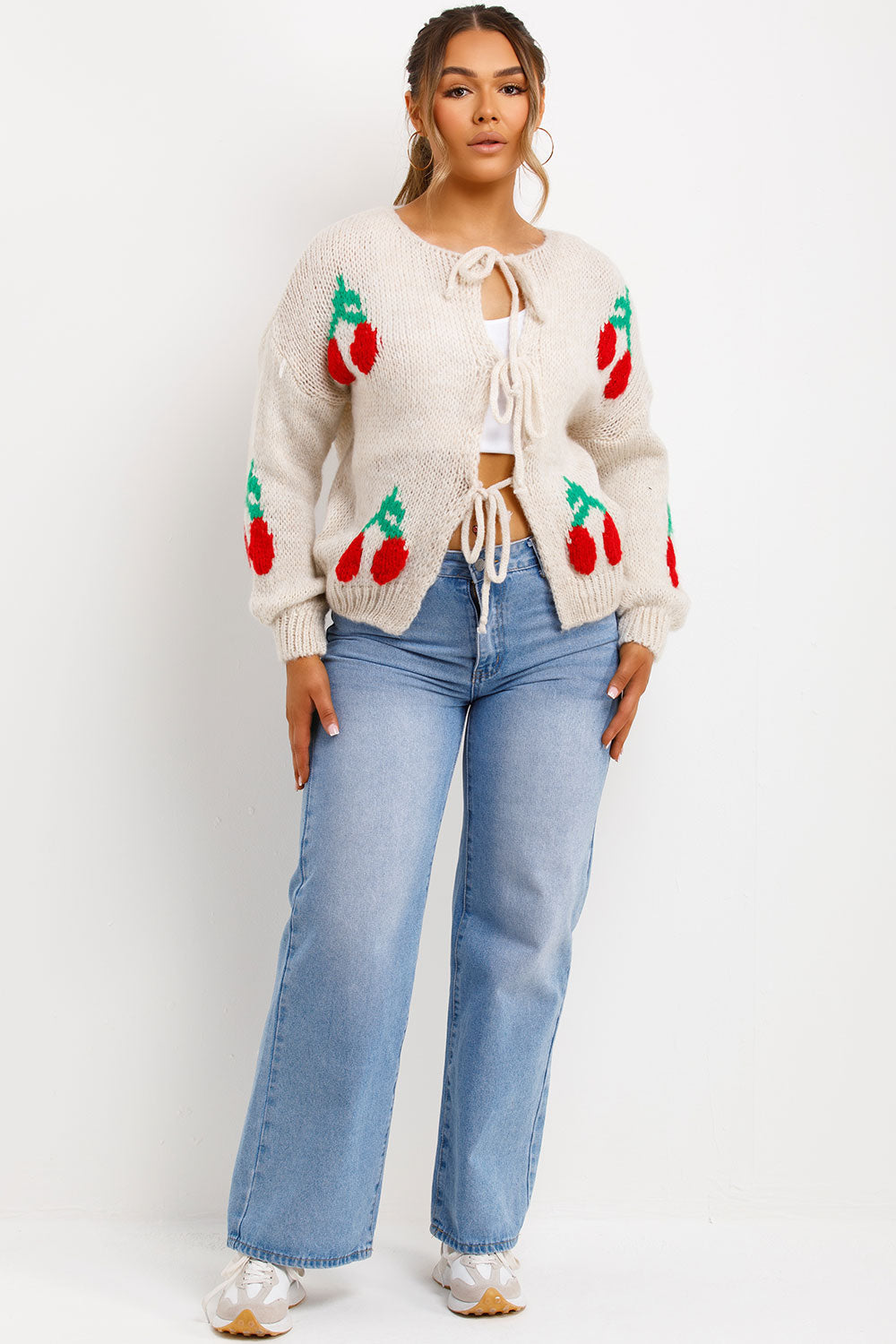 Cherry Knit Tie Front Cardigan Beige | Xtralitty