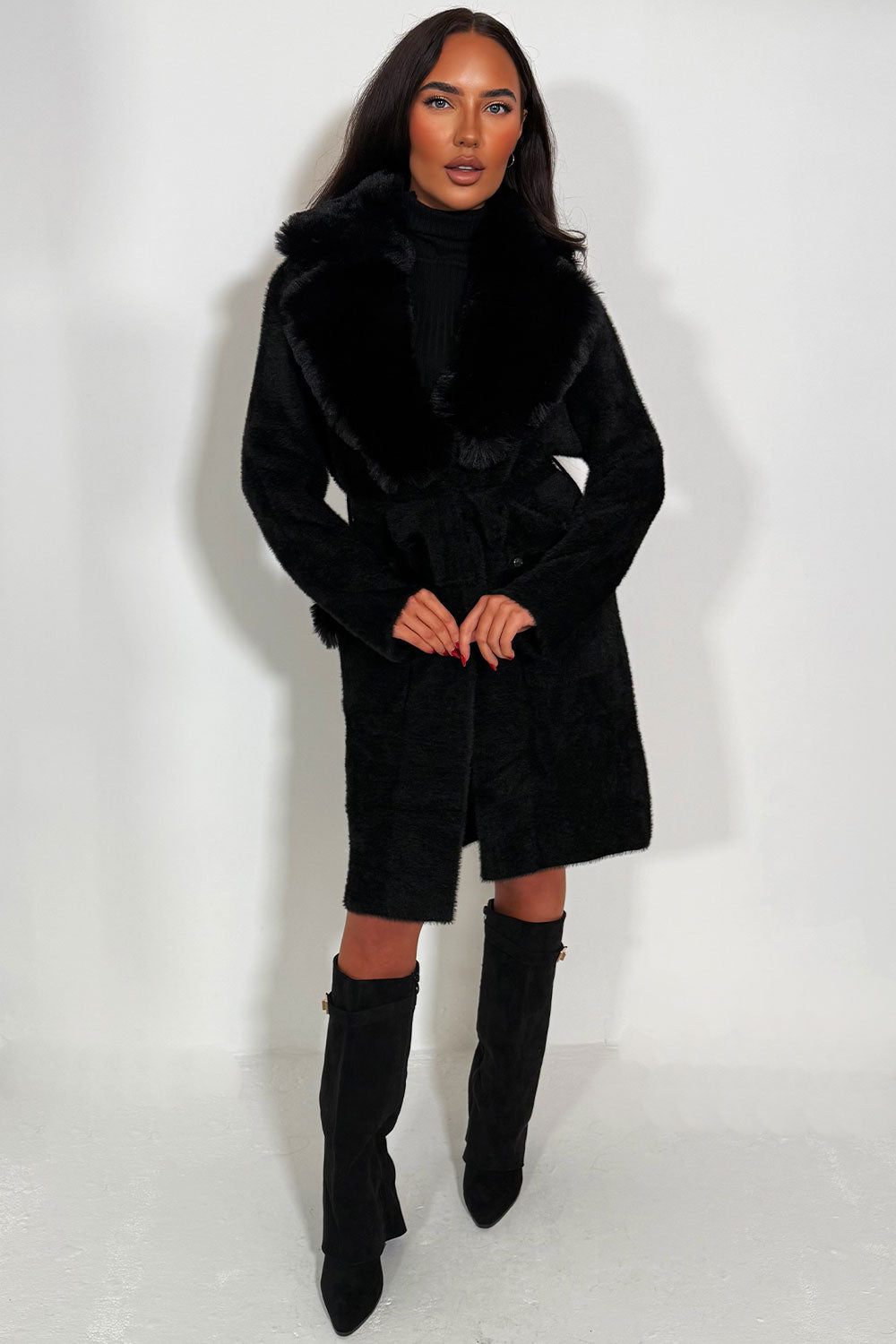 Faux Fur Collar Belted Coat with Faux Fur Cuff B | Xtralitty