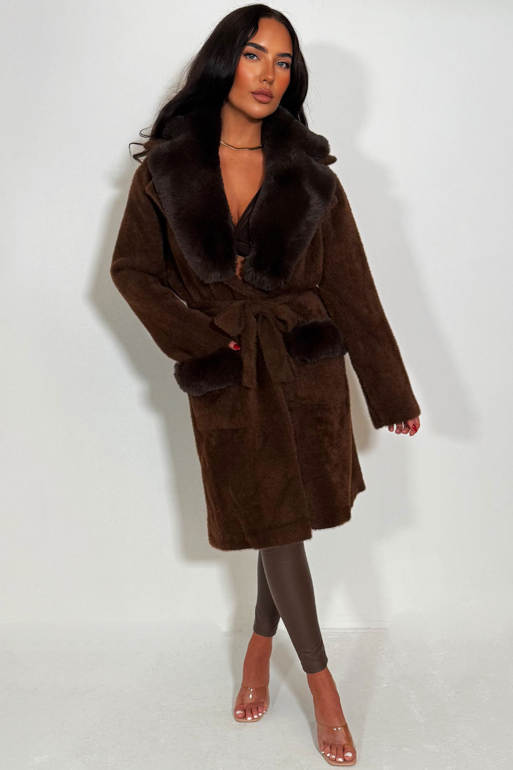 Faux Fur Collar Belted Coat with Faux Fur Cuff B | Xtralitty