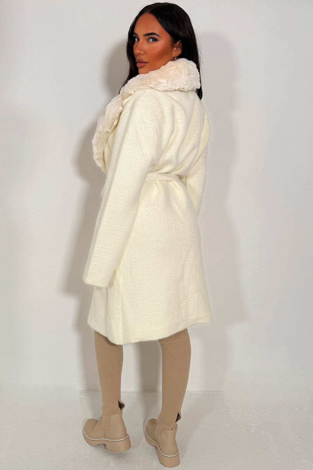 Faux Fur Collar Belted Coat with Faux Fur Cuff O | Xtralitty